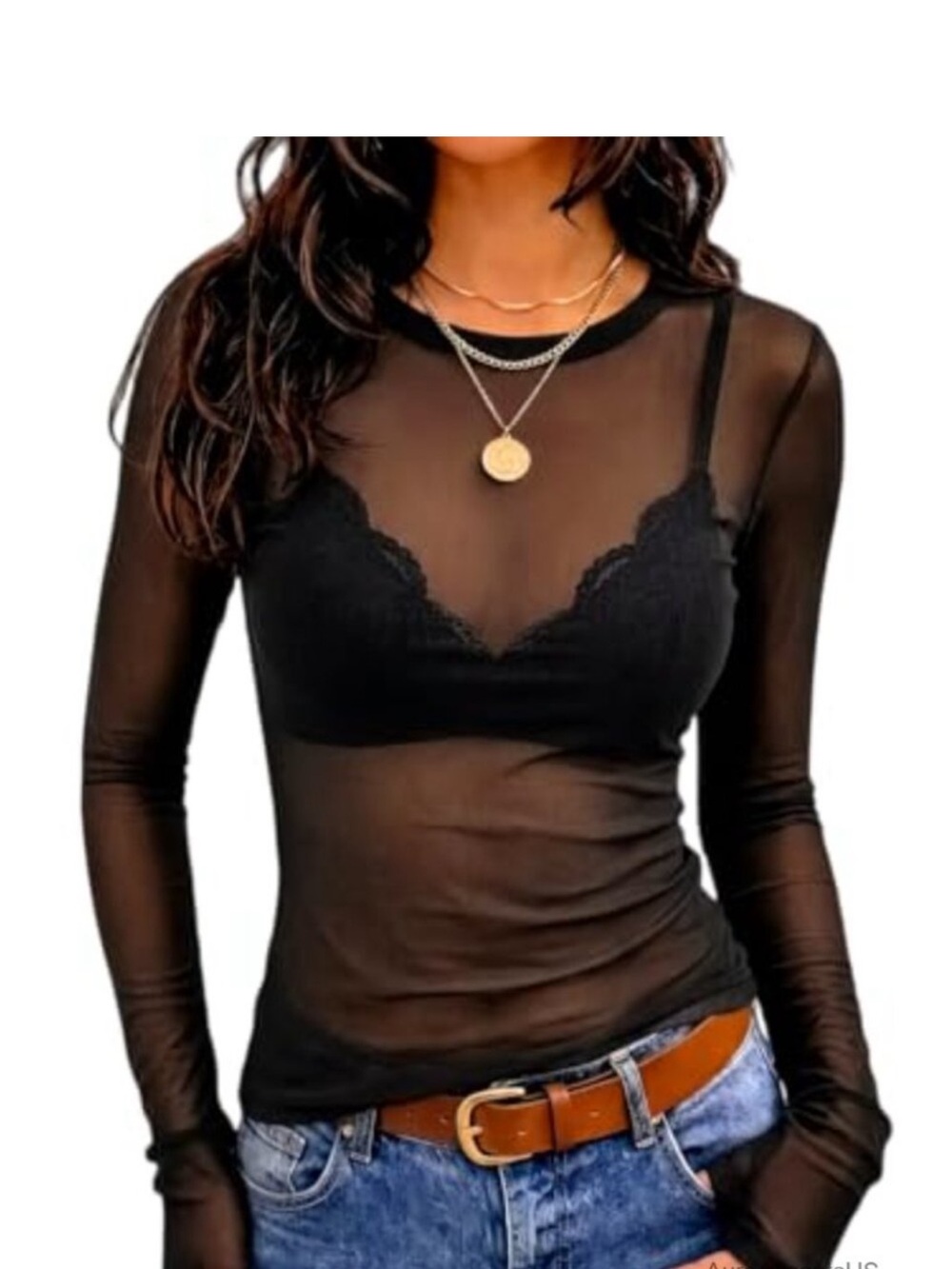 Sheer Mesh Long Sleeve Crew Neck Going Out Club Top